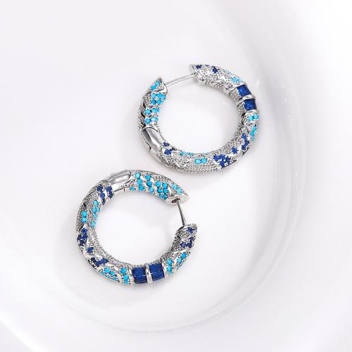 Boucles d'oreilles en laiton zircon cubique pavent, avec résine, Placage, bijoux de mode & pavé de micro zircon & pour femme, bleu, Vendu par paire