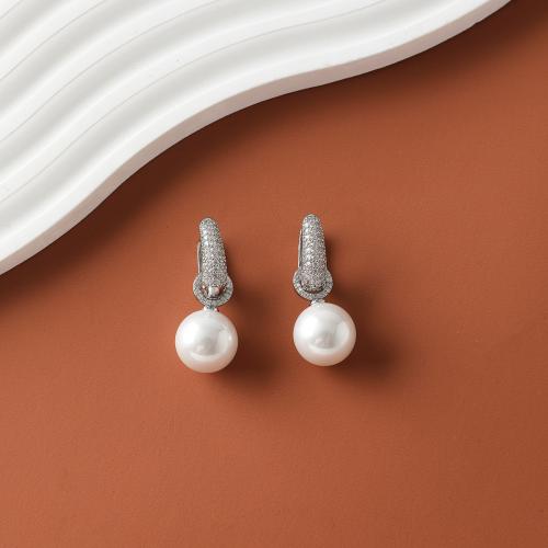 Messing oorbellen met micro-paved kubieke zirconia's, met Plastic Pearl, plated, mode sieraden & micro pave zirconia & voor vrouw, meer kleuren voor de keuze, 70x70mm, Verkocht door pair