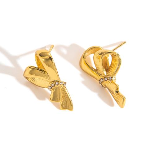 Stainless Steel Stud Earrings 304 Stainless Steel 18K gold plated for woman & with rhinestone & hollow Sold By Pair