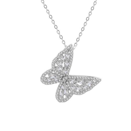 925 Sterling Silver Necklace Butterfly platinum plated cross chain & for woman & with rhinestone Length Approx 15.7 Inch Sold By PC