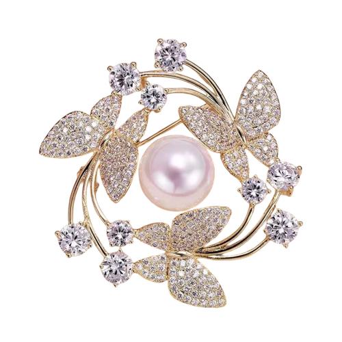 Zinc Alloy Brooch with Plastic Pearl Flower plated for woman & with rhinestone 37mm Sold By PC