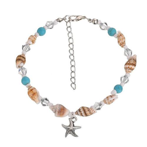 Gloine anklet, le Shell & Sinc Alloy, Starfish, stíl Bohemian & do bhean, dathanna níos mó le haghaidh rogha, Fad Thart 9 Inse, Díolta De réir PC