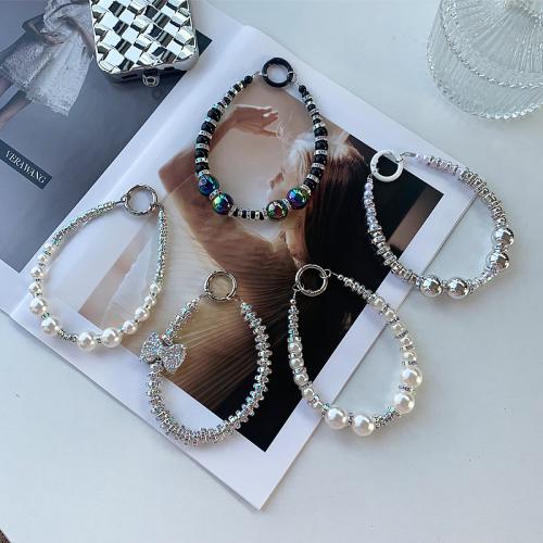 Plastic Cell Phone Chain with Plastic Pearl & for woman & with rhinestone 120mm Sold By PC