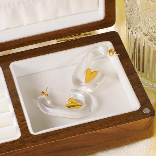 Stainless Steel Stud Earrings 304 Stainless Steel with Resin Heart gold color plated for woman Sold By Pair