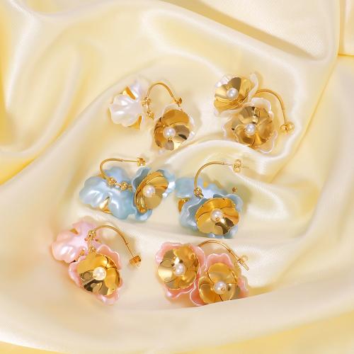 Roestvrij staal hangoorbellen, 304 roestvrij staal, met Plastic & Plastic Pearl, Bloem, gold plated, voor vrouw, meer kleuren voor de keuze, Verkocht door pair