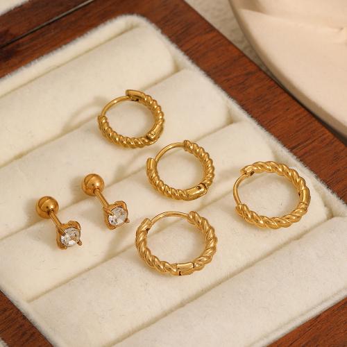 Stainless Steel Stud Earrings 304 Stainless Steel gold color plated for woman & with rhinestone Sold By Set