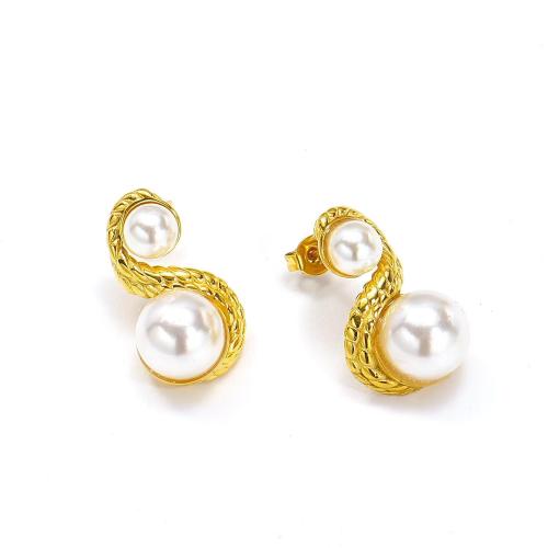 Roestvrij staal Stud Earrings, 304 roestvrij staal, met Shell Pearl, plated, mode sieraden & voor vrouw, gouden, Verkocht door pair