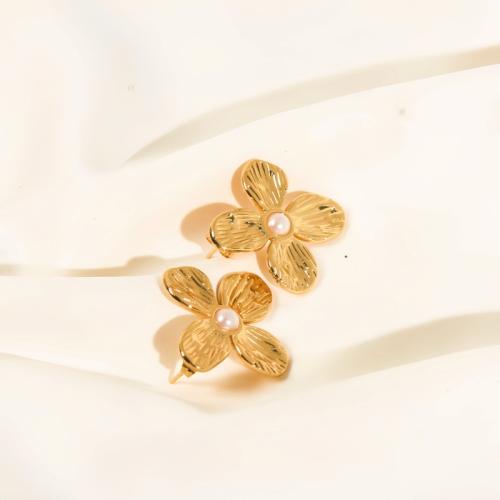 Stainless Steel Stud Earrings 304 Stainless Steel with Plastic Pearl Flower plated fashion jewelry & for woman golden Sold By Pair