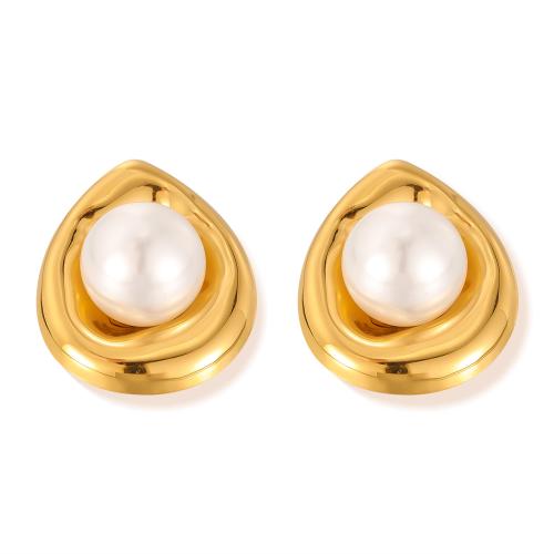 Roestvrij staal Stud Earrings, 304 roestvrij staal, met Plastic Pearl, plated, mode sieraden & voor vrouw, gouden, Verkocht door pair