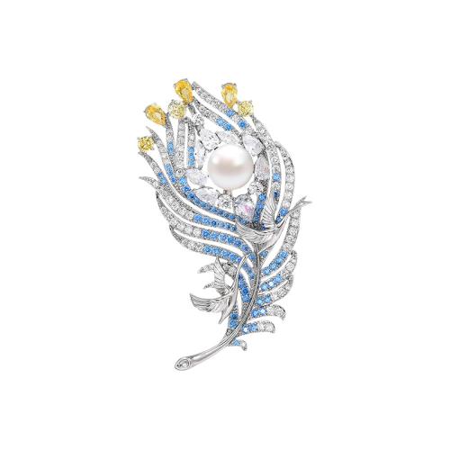 Fashion Broche Sieraden, Messing, met Zoetwater Parel, plated, micro pave zirconia & voor vrouw, zilver, 37x71mm, Verkocht door PC