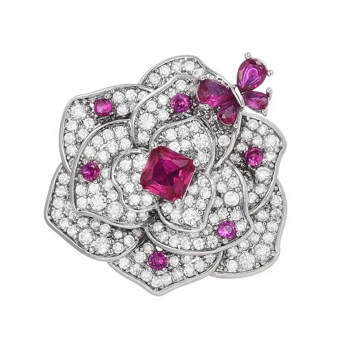 Broche bijoux de mode, laiton, Placage, pavé de micro zircon & pour femme, argent, 24x25mm, Vendu par PC