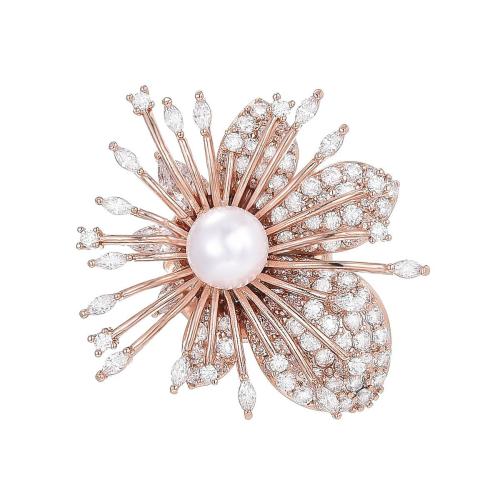 Broche bijoux de mode, laiton, avec Shell Pearl, Placage, pavé de micro zircon & pour femme, couleur or rose, 28x30mm, Vendu par PC