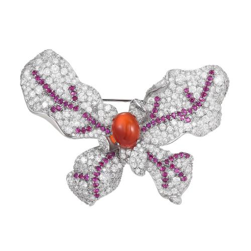 Fashion Brooch Jewelry Brass with Red Agate plated micro pave cubic zirconia & for woman silver color Sold By PC