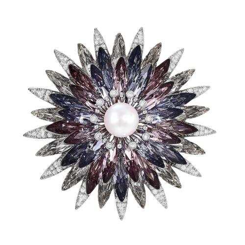 Fashion Brooch Jewelry Brass with Austrian Crystal & Freshwater Pearl plated micro pave cubic zirconia & for woman silver color Sold By PC