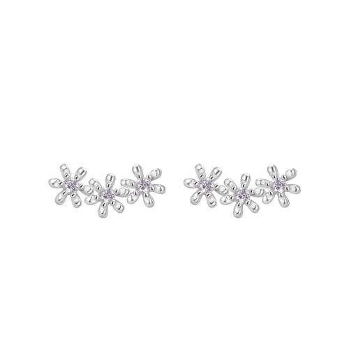 925 Sterling Silver Stud Earring Flower for woman & with rhinestone silver color Sold By Pair