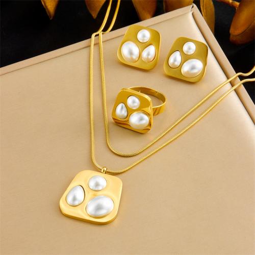 Fashion Stainless Steel Jewelry Sets 304 Stainless Steel with Plastic Pearl plated fashion jewelry & for woman golden Sold By Set