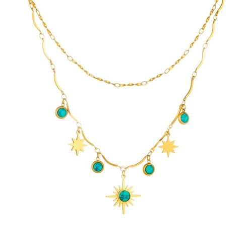 Collier de bijoux en acier inoxydable, Acier inoxydable 304, avec turquoise, avec 2.16 Inch chaînes de rallonge, Placage, Double couche & bijoux de mode & pour femme, doré, Longueur 15.75 pouce, Vendu par PC