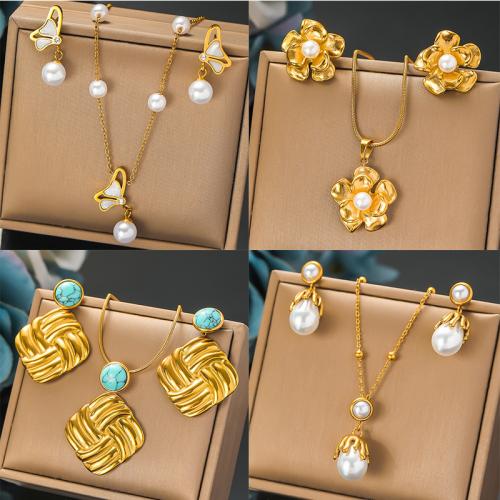 Fashion Stainless Steel Jewelry Sets Stud Earring & necklace 304 Stainless Steel with Plastic Pearl plated 2 pieces & for woman golden Sold By Set