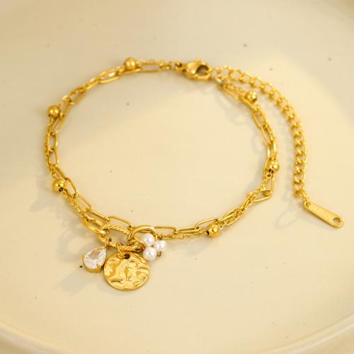 Bijoux bracelet en acier inoxydable, Acier inoxydable 304, avec Des billes de verre, Plaqué or 18K, Double couche & pavé de micro zircon & pour femme, Vendu par PC