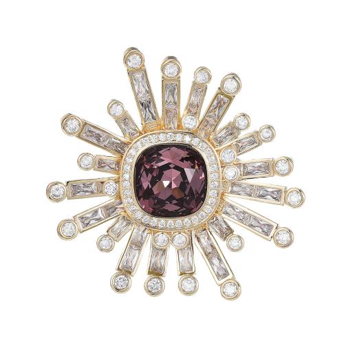 Crystal Brooch Brass with Austrian Crystal plated micro pave cubic zirconia & for woman golden Sold By PC