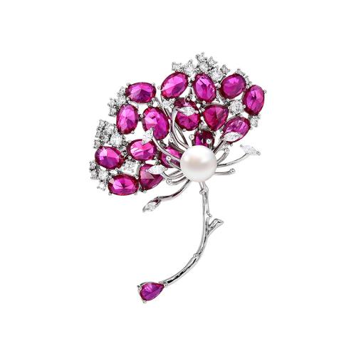 Cubic Zirconia Broche, metal, con Perlas cultivadas de agua dulce, chapado, micro arcilla de zirconia cúbica & para mujer, plateado, 43x57mm, Vendido por UD