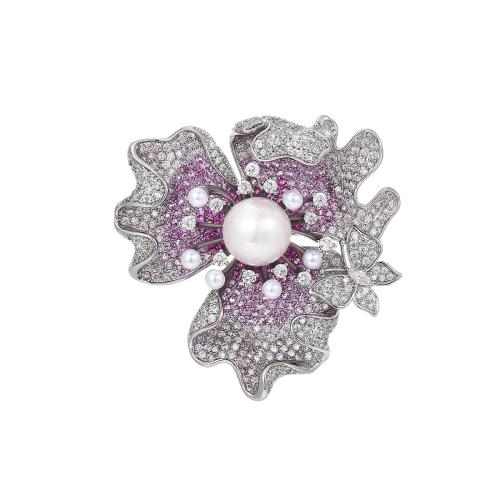 Broche zircon, laiton, avec Shell Pearl, Placage, pavé de micro zircon & pour femme, argent, 41x42mm, Vendu par PC