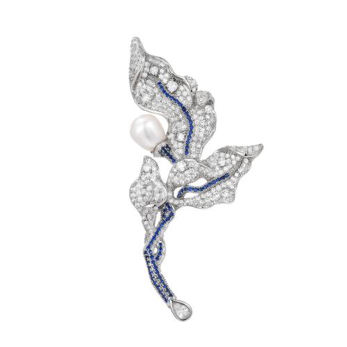 Cubic Zirconia Broche, metal, con Perlas cultivadas de agua dulce, micro arcilla de zirconia cúbica & para mujer, plateado, 68x32mm, Vendido por UD