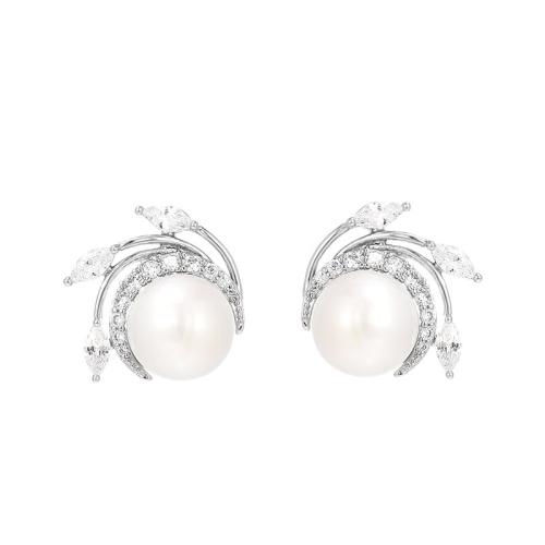 Messing oorbellen met micro-paved kubieke zirconia's, met Shell Pearl, plated, micro pave zirconia & voor vrouw, zilver, 15x14mm, Verkocht door pair