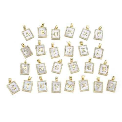 Brass Jewelry Pendants with White Shell Rectangle 18K gold plated DIY & with letter pattern & with rhinestone Sold By PC