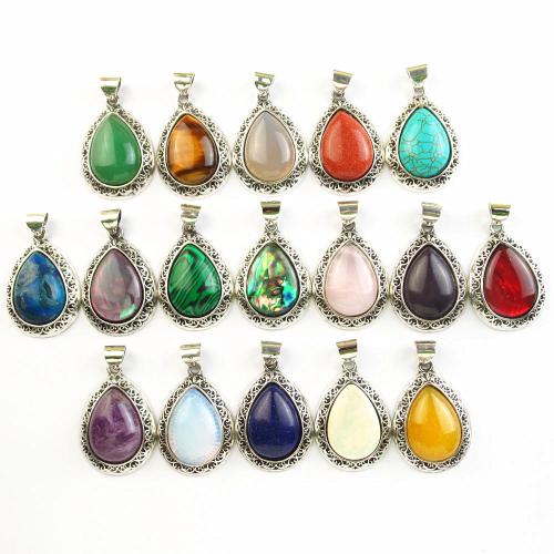 Gemstone Pendants Jewelry Zinc Alloy with Natural Stone Teardrop silver color plated DIY nickel lead & cadmium free Sold By PC