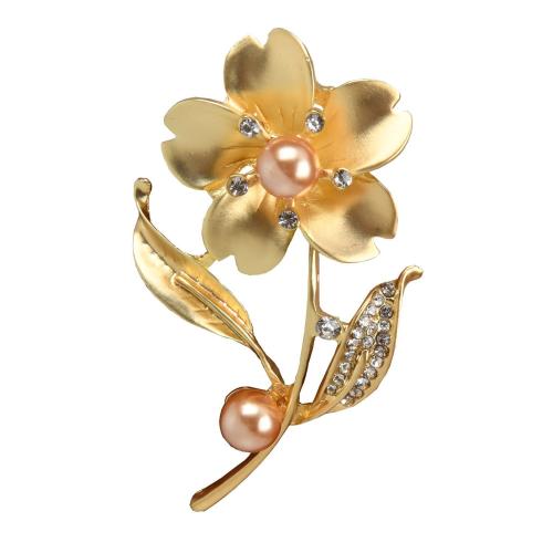 Zinc Alloy Brocher, med Plastic Pearl, Flower, forgyldt, for kvinde & med rhinestone & hule, 65x32mm, Solgt af PC