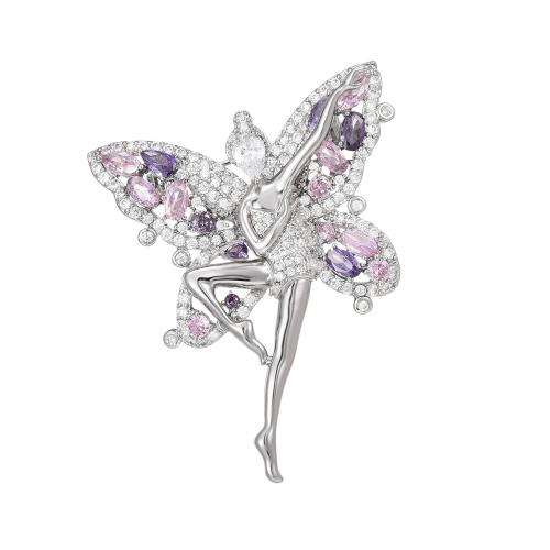 Broche bijoux de mode, laiton, Placage, pavé de micro zircon & pour femme, argent, 49x37mm, Vendu par PC