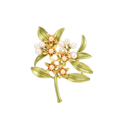 Fashion Broche Sieraden, Messing, met Zoetwater Parel, plated, voor vrouw & glazuur, gouden, 58x46mm, Verkocht door PC