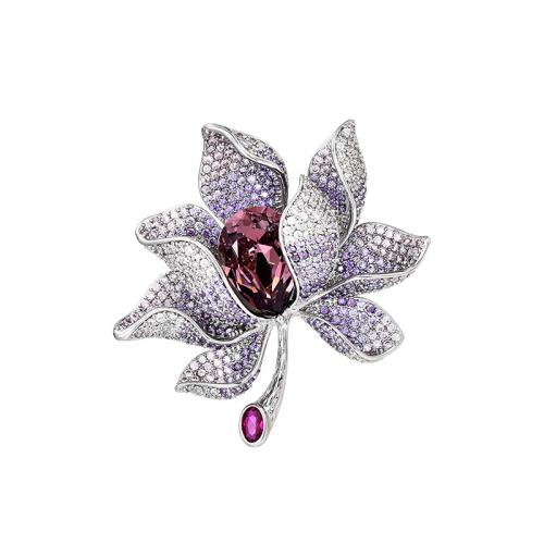 Crystal Brooch Brass with Austrian Crystal plated micro pave cubic zirconia & for woman silver color Sold By PC