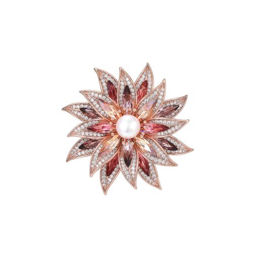 Broche cristal, laiton, avec Cristal autrichien & perle d'eau douce cultivée, Placage, pavé de micro zircon & pour femme, couleur or rose, 54x54mm, Vendu par PC