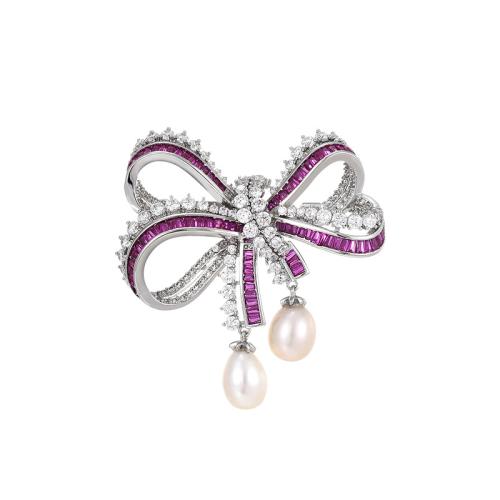 Fashion Brooch Jewelry Brass with Freshwater Pearl plated micro pave cubic zirconia & for woman silver color Sold By PC