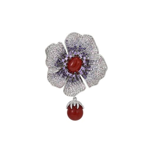 Fashion Brooch Jewelry Brass with Carnelian plated micro pave cubic zirconia & for woman silver color Sold By PC