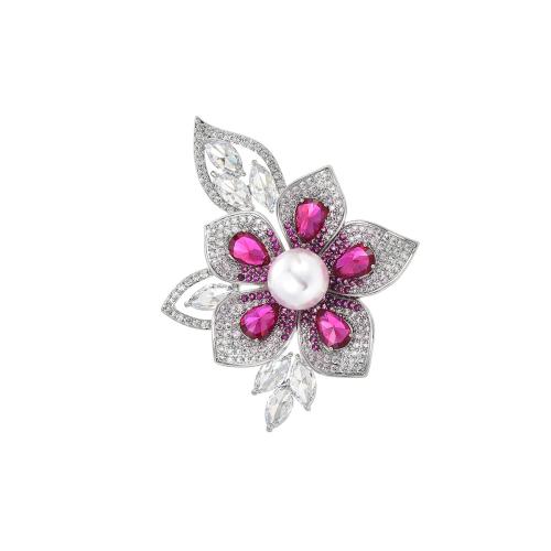 Fashion Broche Sieraden, Messing, met Shell Pearl, plated, micro pave zirconia & voor vrouw, zilver, 59x52mm, Verkocht door PC