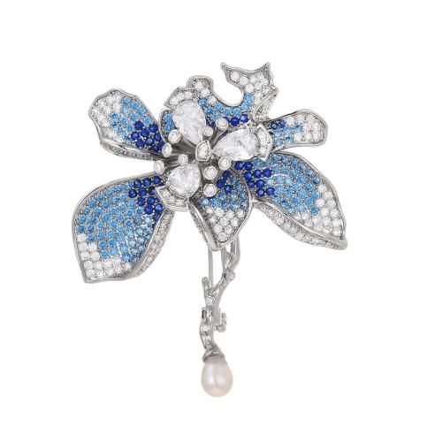 Cubic Zirconia Broche, metal, con Shell Pearl, chapado, micro arcilla de zirconia cúbica & para mujer, plateado, 55x45mm, Vendido por UD