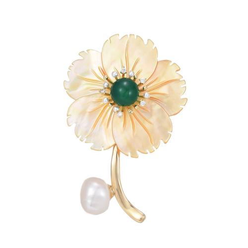 Cubic Zirconia Brosch, Mässing, med Shell & Freshwater Pearl, micro bana cubic zirconia & för kvinna, gyllene, 54x36mm, Säljs av PC