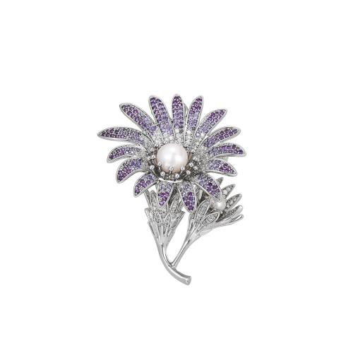 Cubic Zirconia Broche, metal, con Perlas cultivadas de agua dulce, chapado, micro arcilla de zirconia cúbica & para mujer, plateado, 55x38mm, Vendido por UD