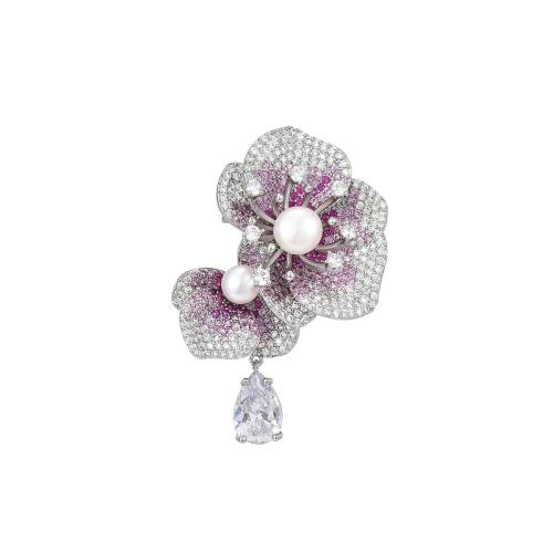 Cubic Zirconia Broche, metal, con Perlas cultivadas de agua dulce, chapado, micro arcilla de zirconia cúbica & para mujer, plateado, 50x32mm, Vendido por UD