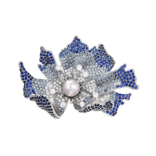 Cubic Zirconia Broche, metal, con Shell Pearl, chapado, micro arcilla de zirconia cúbica & para mujer, plateado, 36x52mm, Vendido por UD