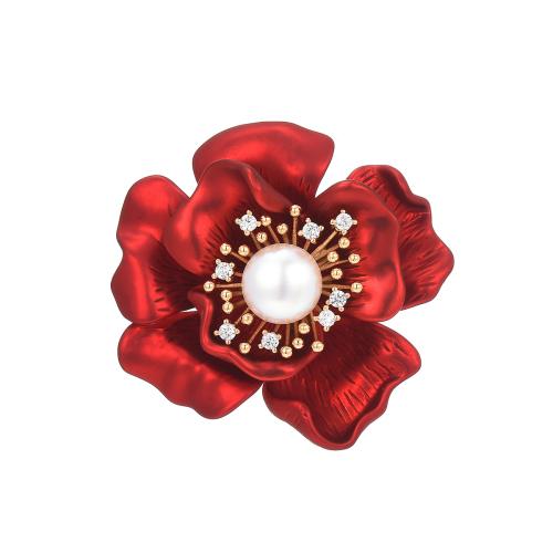 Cubic Zirconia Brooch Brass with Shell Pearl plated micro pave cubic zirconia & for woman red Sold By PC