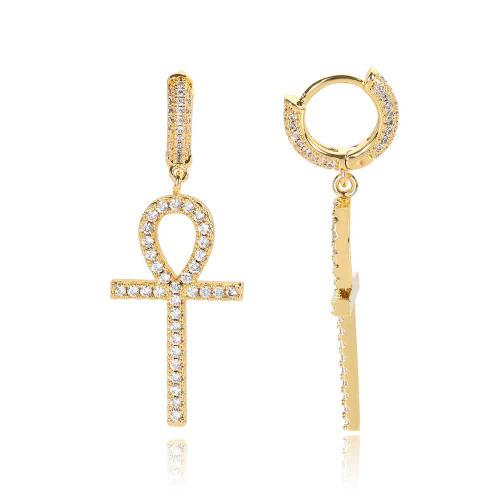 Cuivre Boucles d'oreilles pendantes Hoop Huggie, croix, Placage, unisexe & pavé de micro zircon, plus de couleurs à choisir, 16x43mm, Vendu par paire