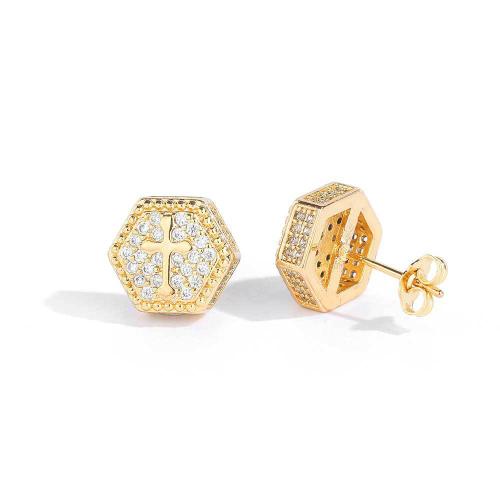 Koppar Stud Earring, Hexagon, plated, med cross mönster & Unisex & micro bana cubic zirconia, fler färger för val, 12x12mm, Säljs av Par