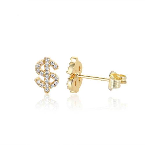 Kobber Stud Earring, Dollartegn, forgyldt, Unisex & Micro Pave cubic zirconia, flere farver til valg, 5.50x8.70mm, Solgt af par