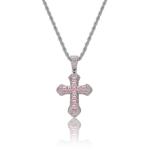 Copper Necklace Cross plated French Rope Chain & Unisex & micro pave cubic zirconia Length Approx 24 Inch Sold By PC