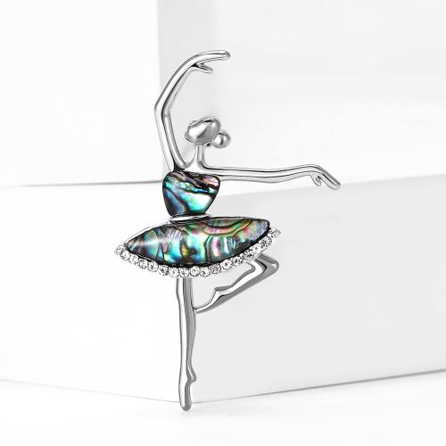 Zinc Alloy Brooches with Abalone Shell Dancing Girl silver color plated for woman & with rhinestone nickel lead & cadmium free Sold By PC