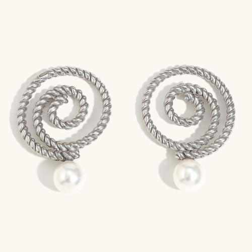 Stainless Steel Stud Earrings 304 Stainless Steel with Plastic Pearl plated for woman Sold By Pair